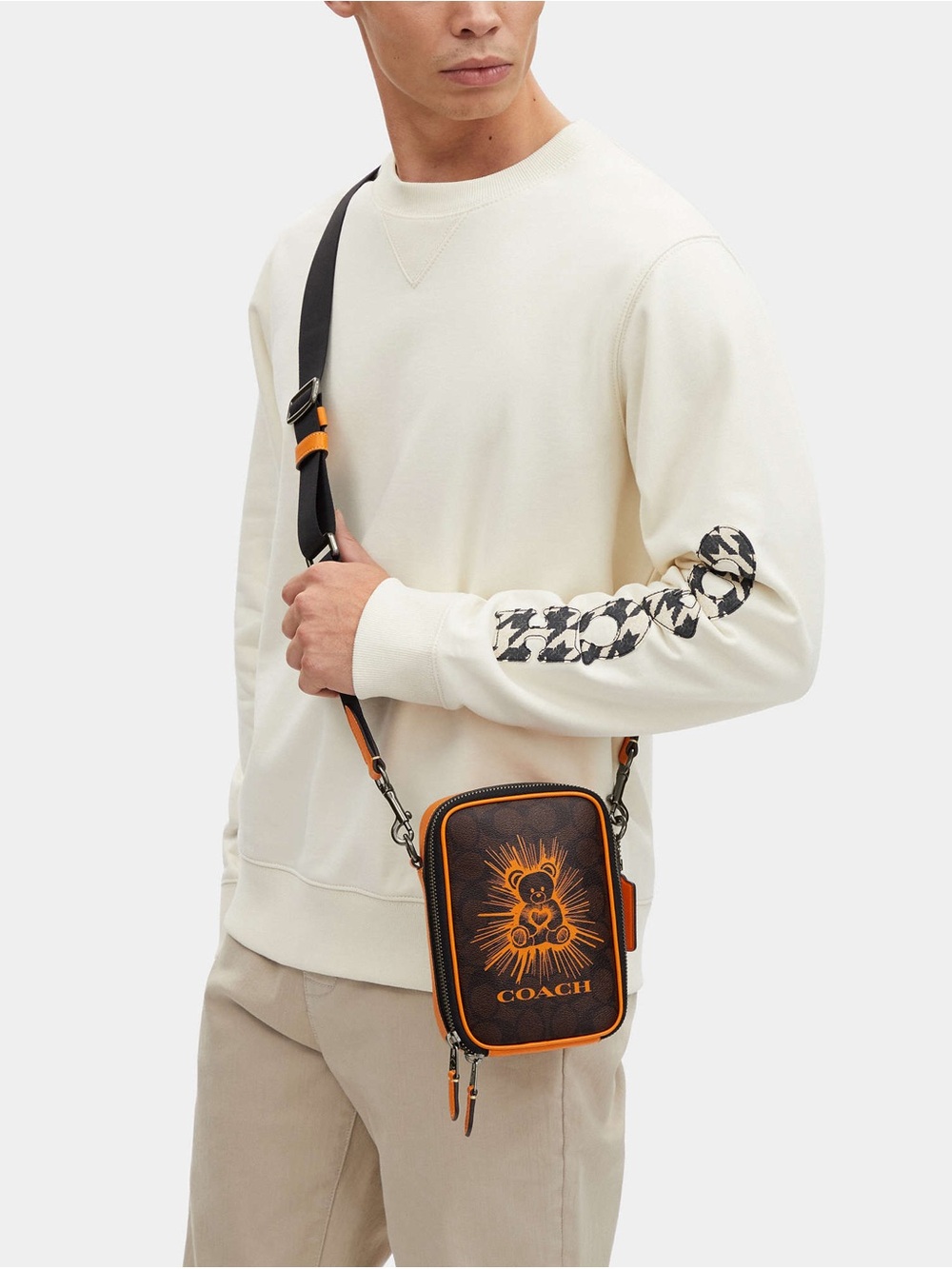 Coach Brown Leather Crossbody Pouch with Orange Trim